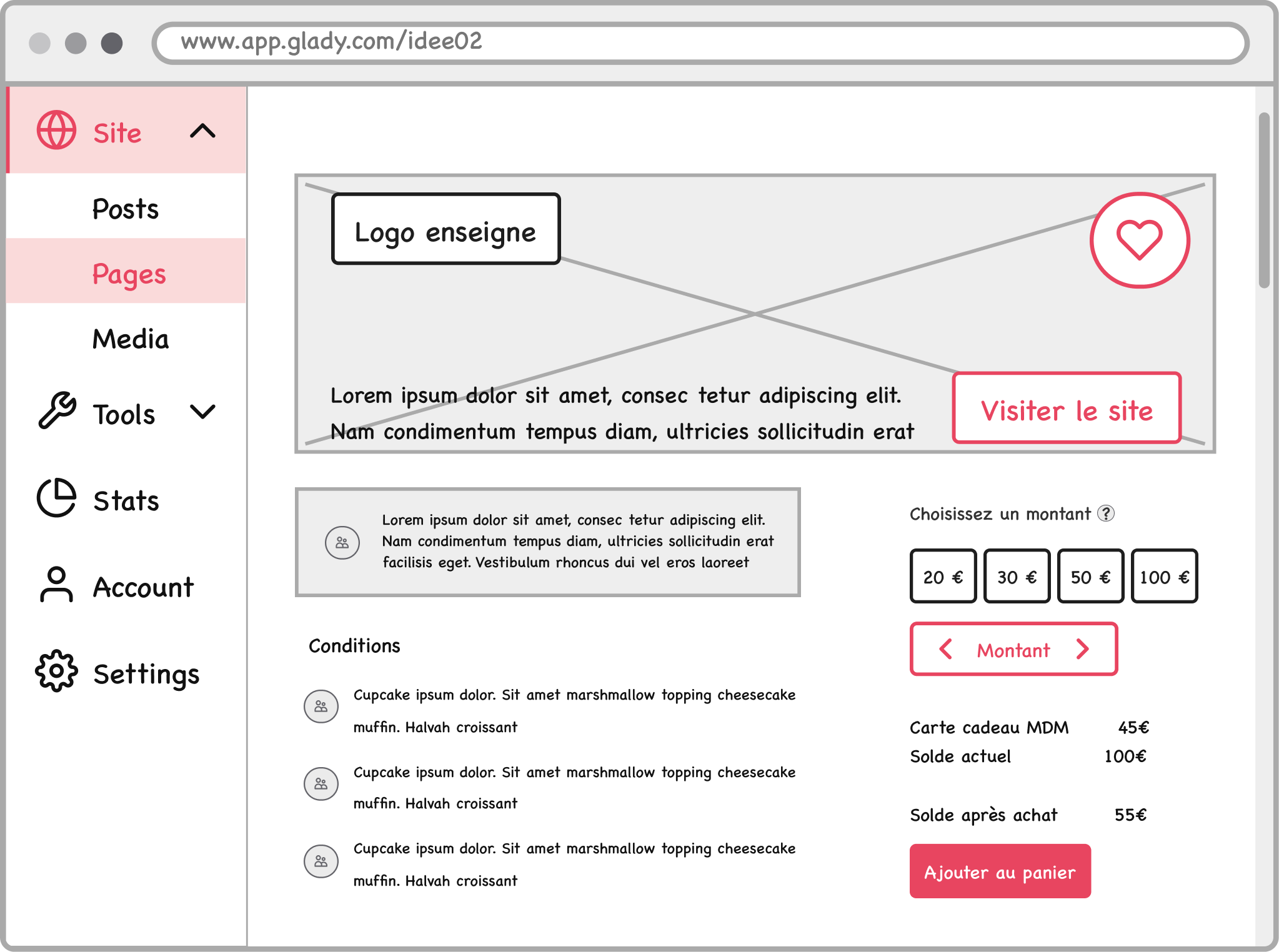 Wireframe de la solution privilégiée