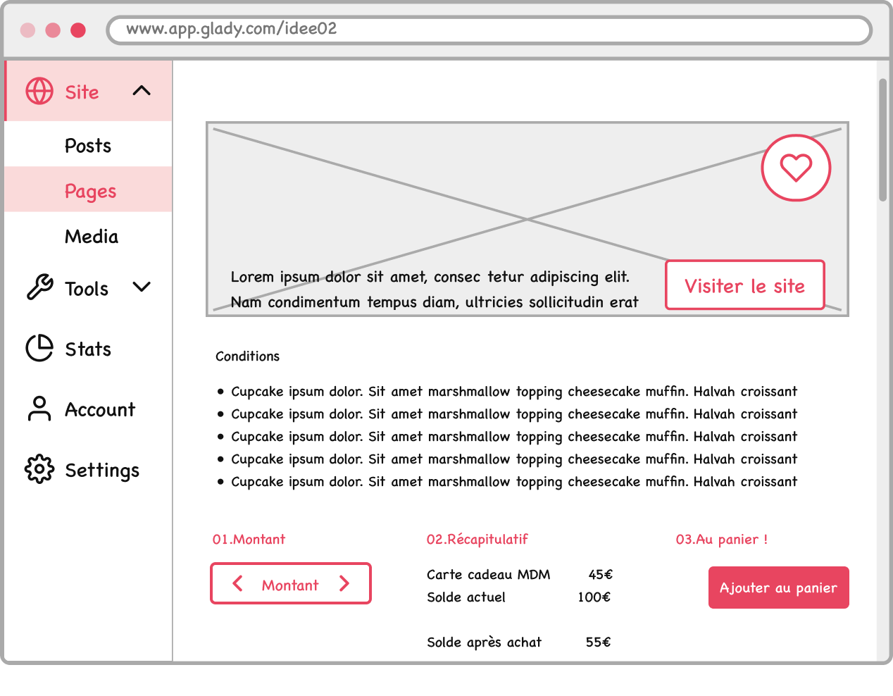 Wireframe idée 02 — actions via étapes
