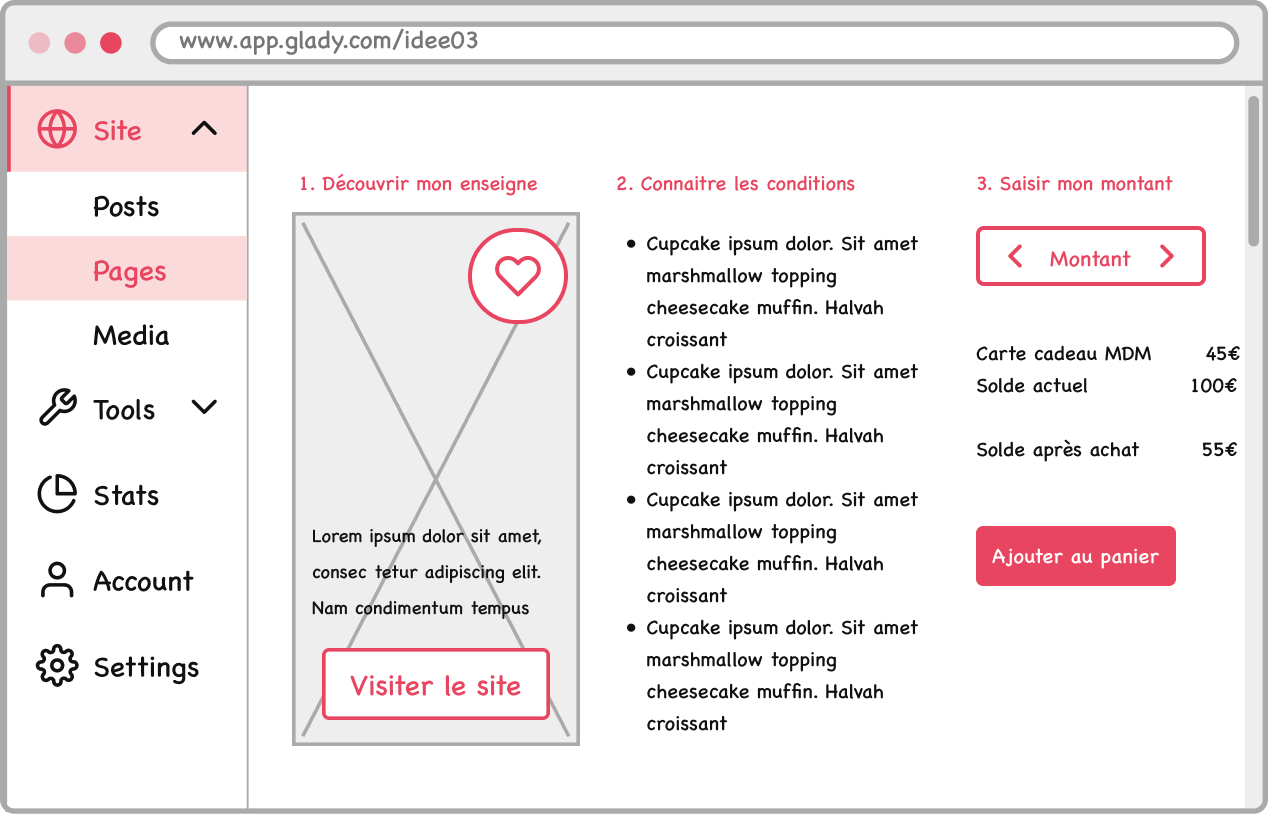 Wireframe idée 03 — accompagnement via étapes