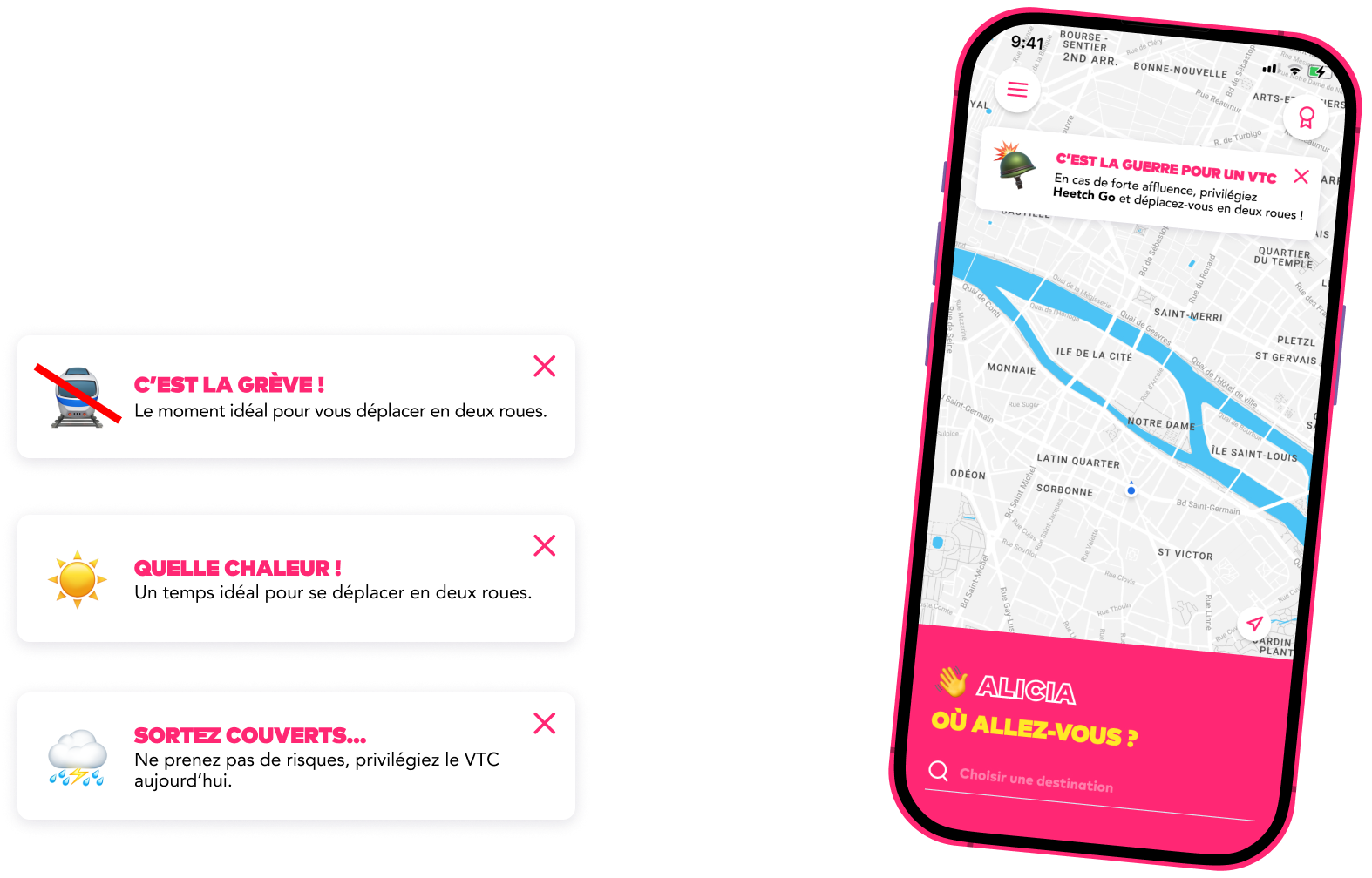 Alertes contextuelles Heetch — grève, chaleur, pluie, affluence VTC