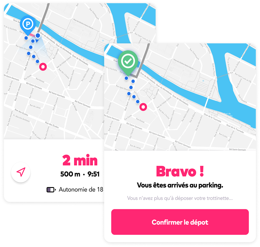 Trajet en trottinette — arrivée au parking