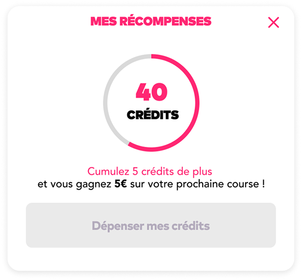 Card 'Mes récompenses' avec jauge circulaire 40 crédits