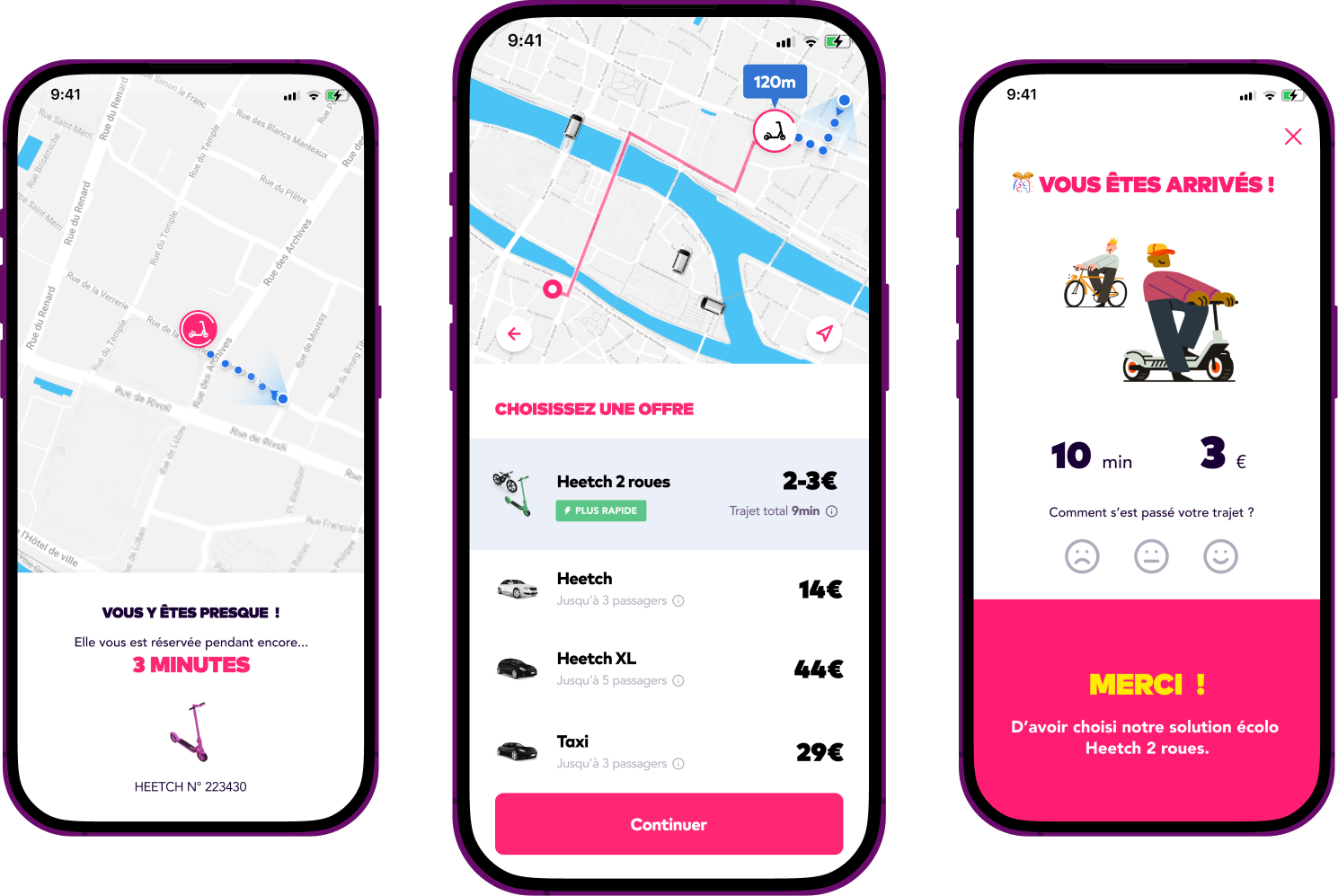3 écrans Heetch — réservation trottinette, choix d'offre multi-mobilité, fin de course écolo