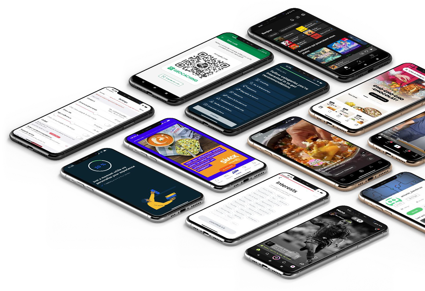 Mosaïque des apps benchmarkées : TikTok, Geocaching, Headspace, Instagram, Spotify, BeReal…