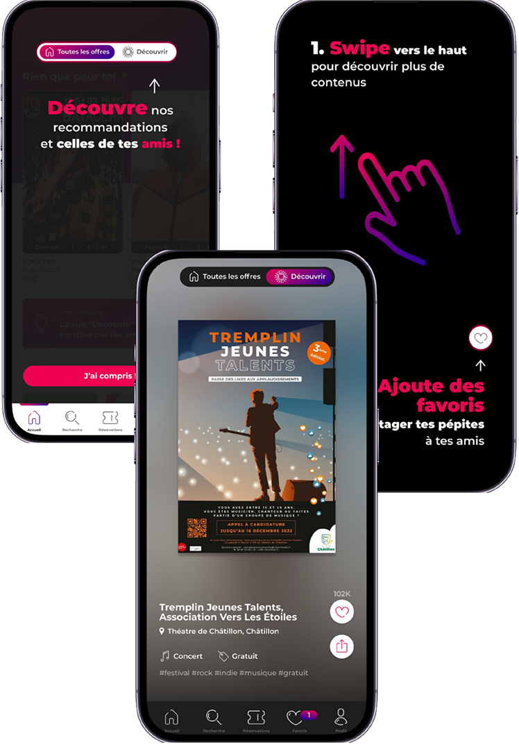 Vue Découvrir Pass Culture — onboarding visuel et fiche offre plein écran