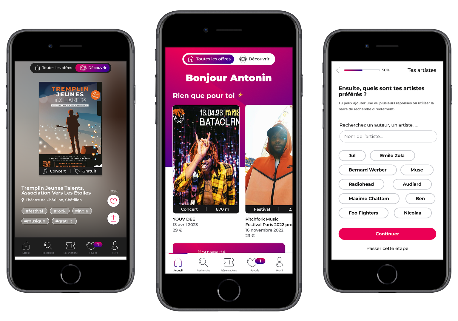 3 écrans Pass Culture — Tremplin Jeunes Talents, Bonjour Antonin, onboarding Tes artistes