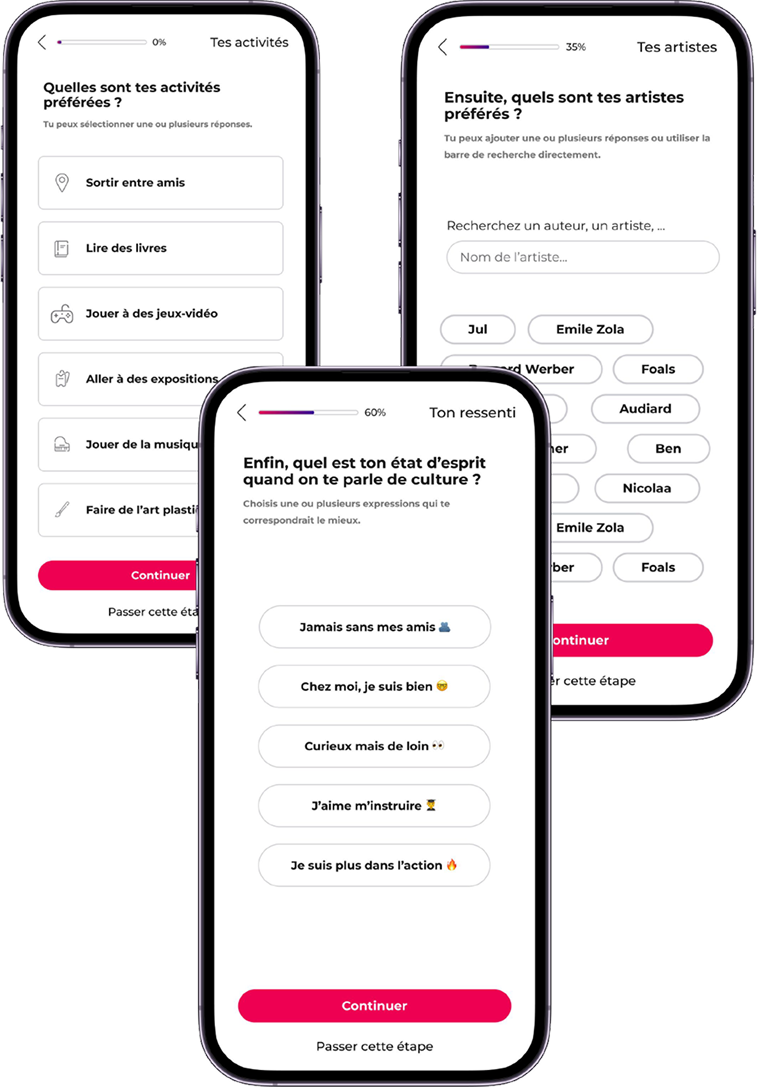 Onboarding Pass Culture — 3 étapes : activités, artistes, ressenti