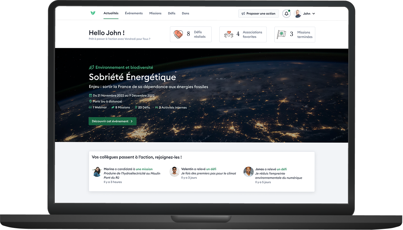 Nouvelle plateforme Vendredi pour Tous — page Actualités sur laptop