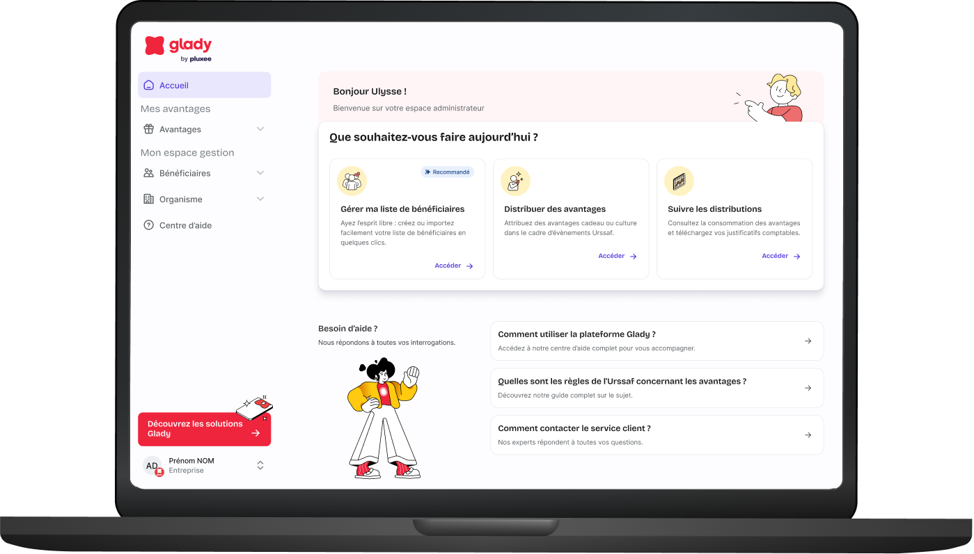 Nouveau dashboard administrateur Glady — espace en libre-service