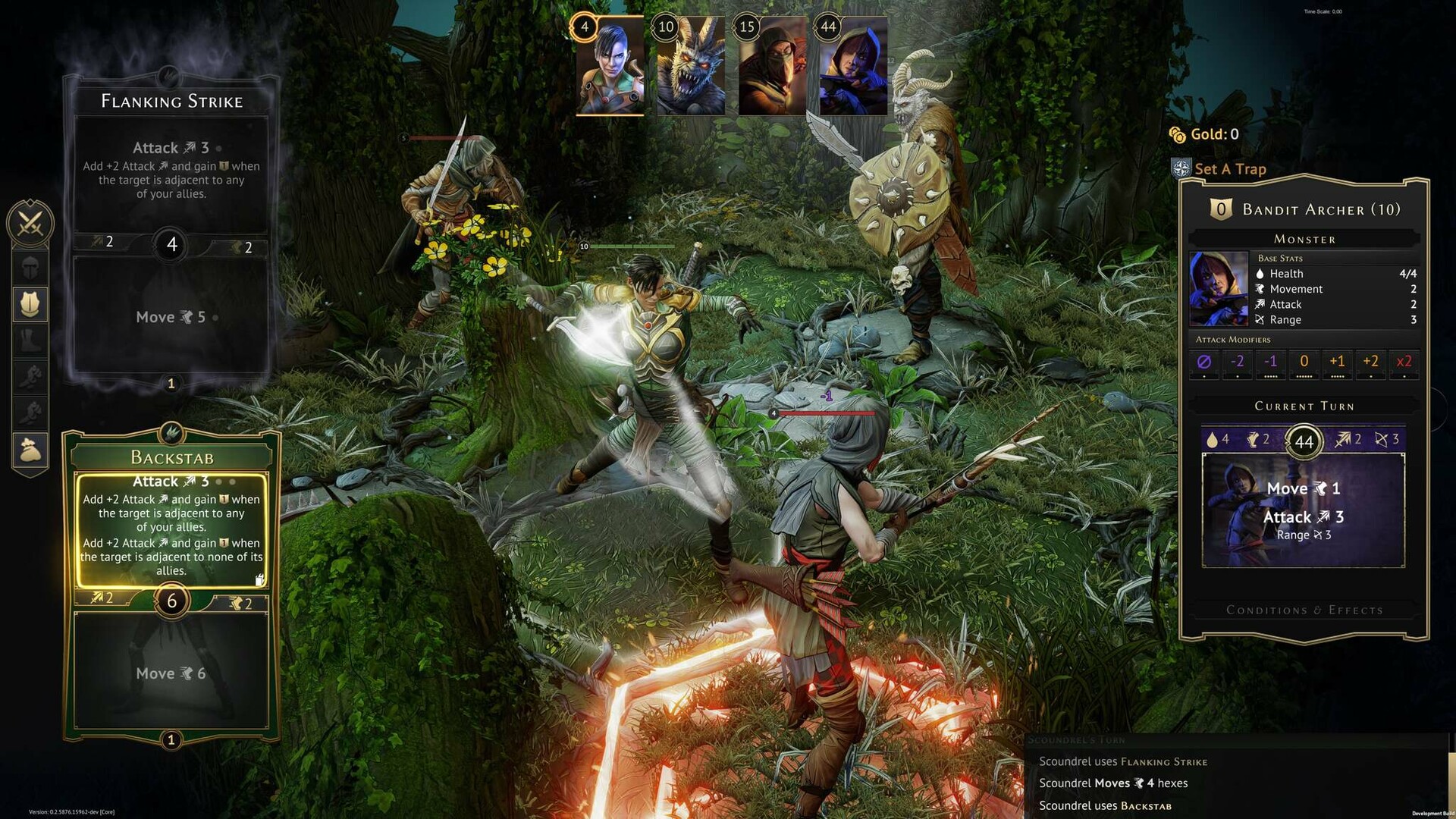 Combat en forêt avec Bandit Archer et fiche d'ennemi détaillée à l'écran