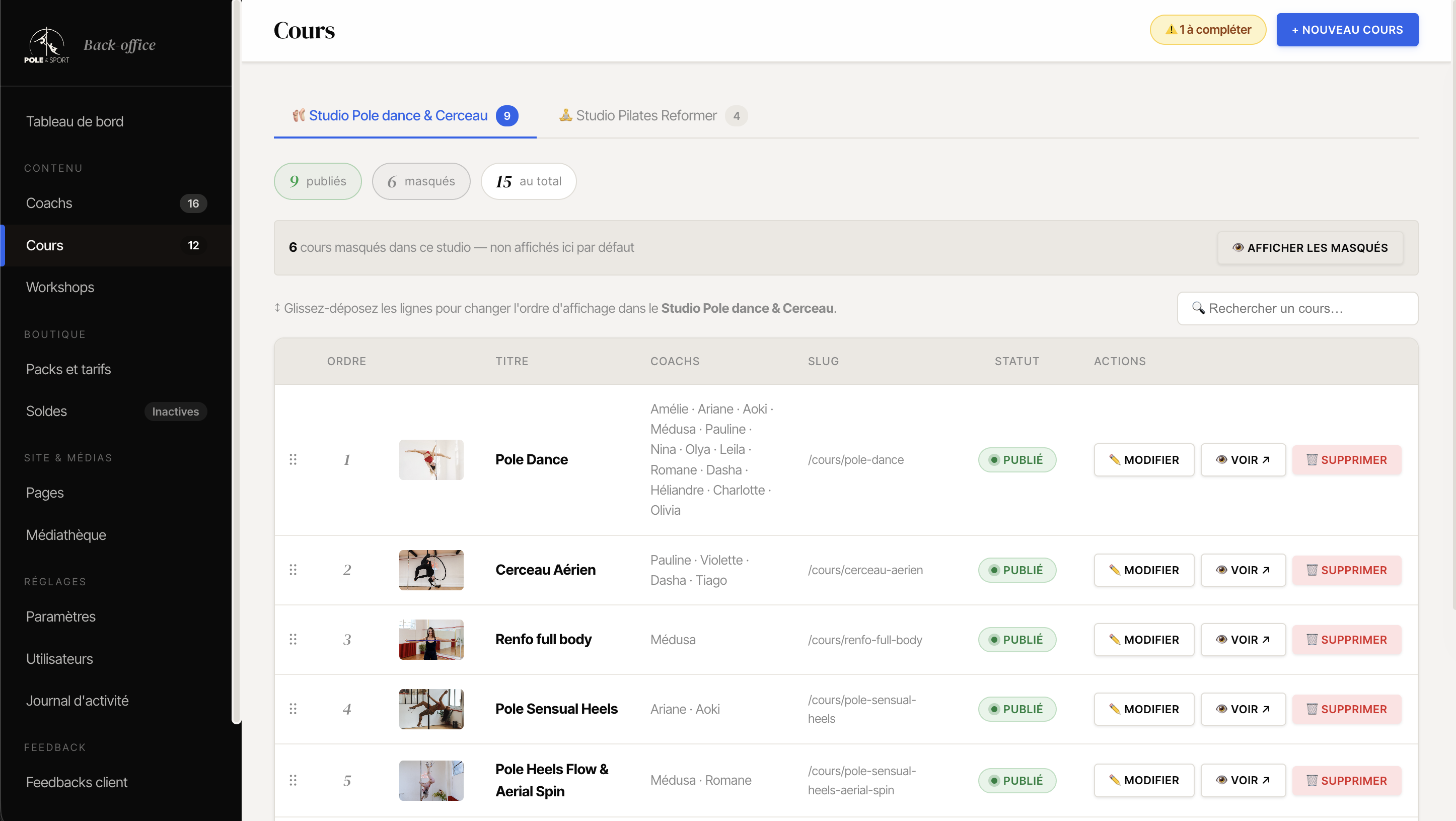 Listing des cours par studio avec drag & drop