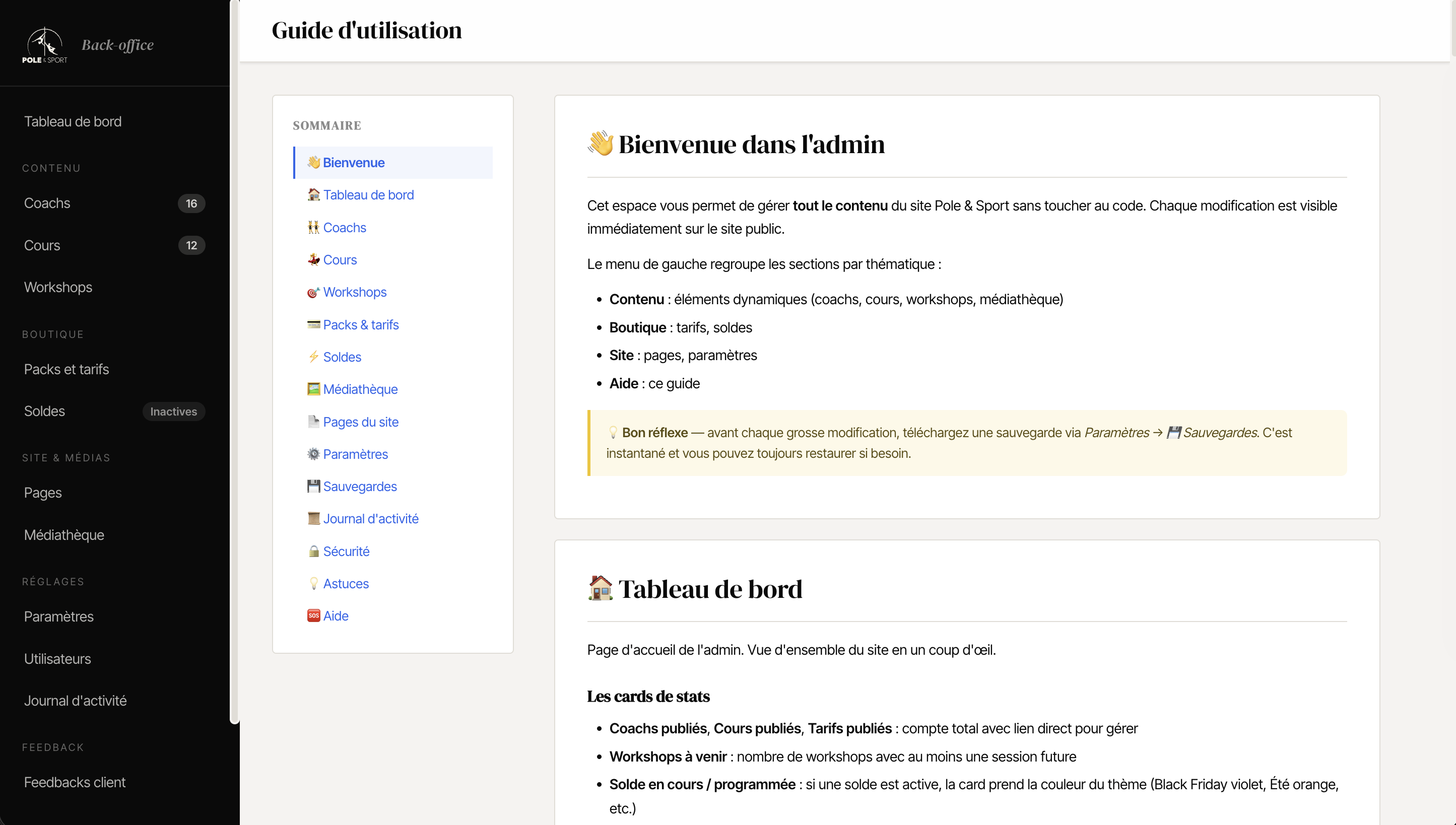 Guide d'utilisation embarqué dans l'admin