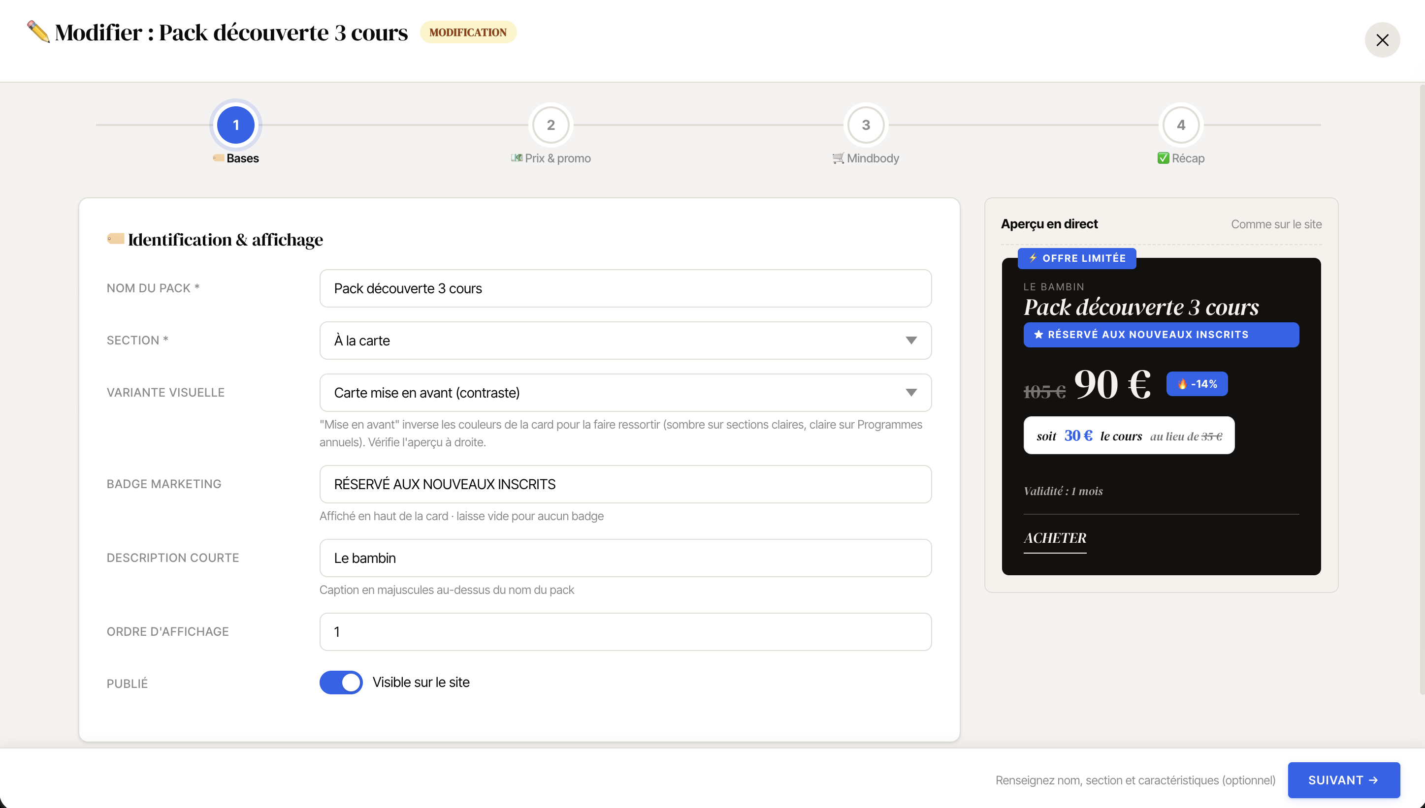 Wizard 4 étapes d'édition d'un pack tarif avec aperçu live de la card à droite