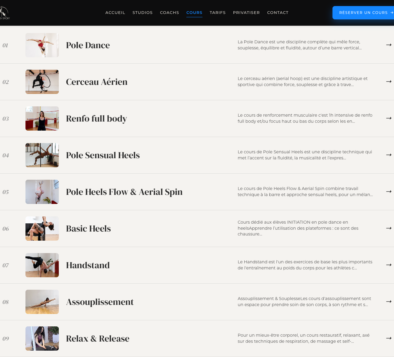Listing des cours par studio