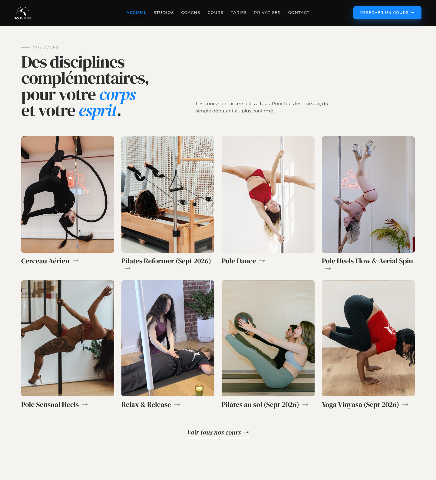 Aperçu des cours sur la page d'accueil