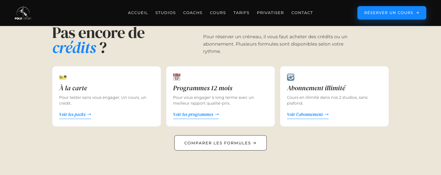 Encart achat de crédits avec 3 cartes de formules