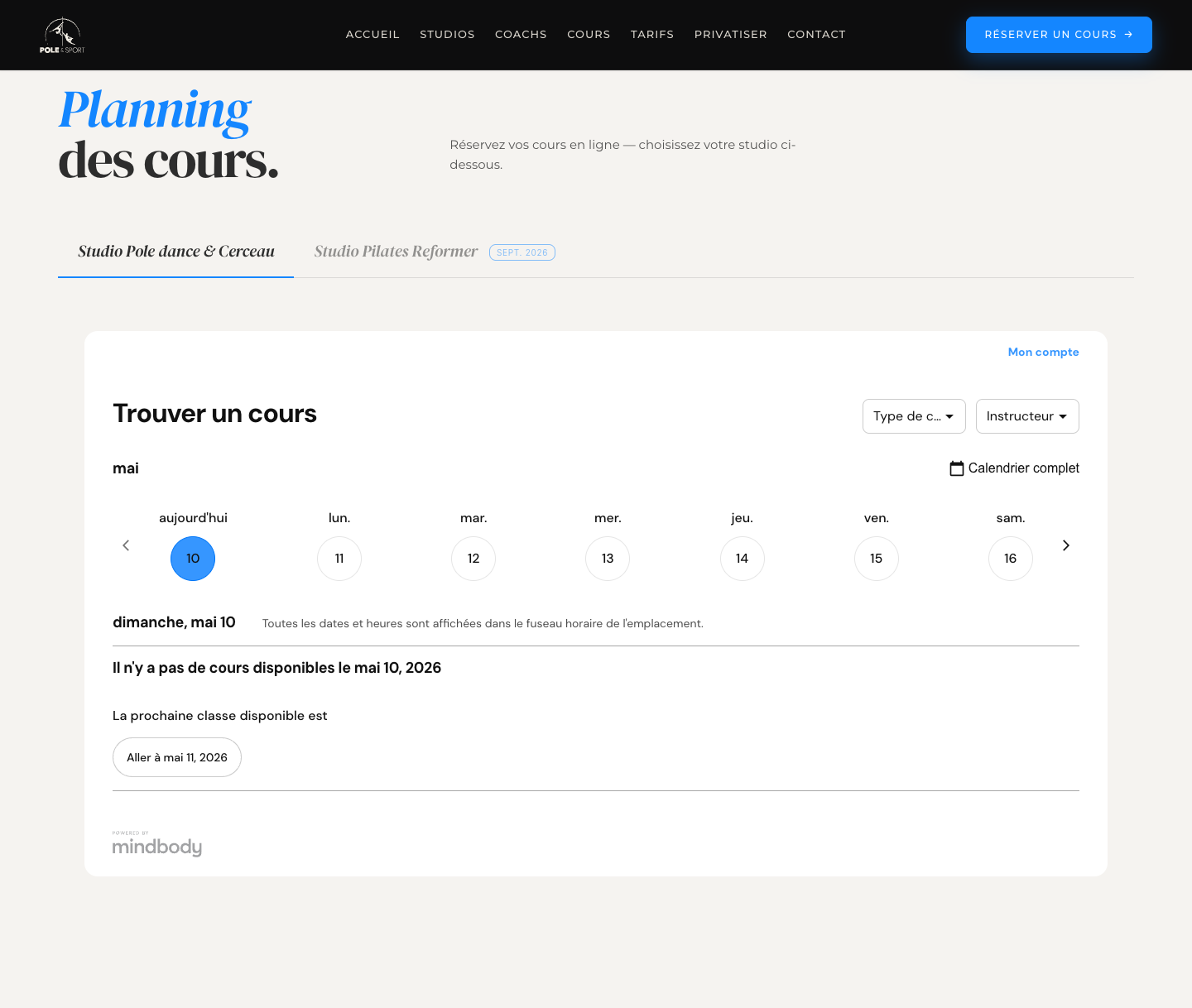 Planning Mindbody intégré dans la page réserver