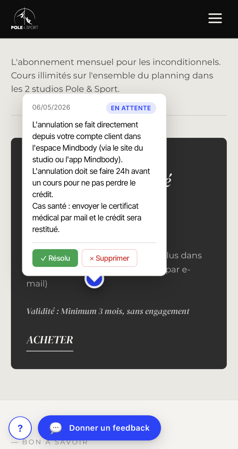 Back-office Feedbacks client onglet Résolus, 7 retours archivés