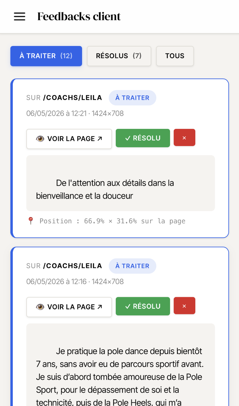 Back-office Feedbacks client onglet À traiter, 12 retours