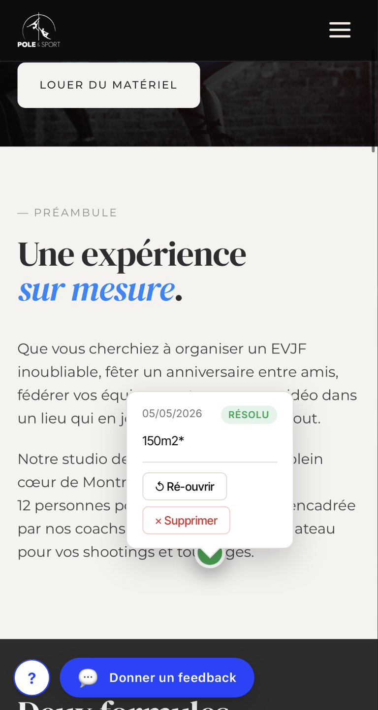 Pin de feedback résolu sur la page front, avec actions ré-ouvrir / supprimer
