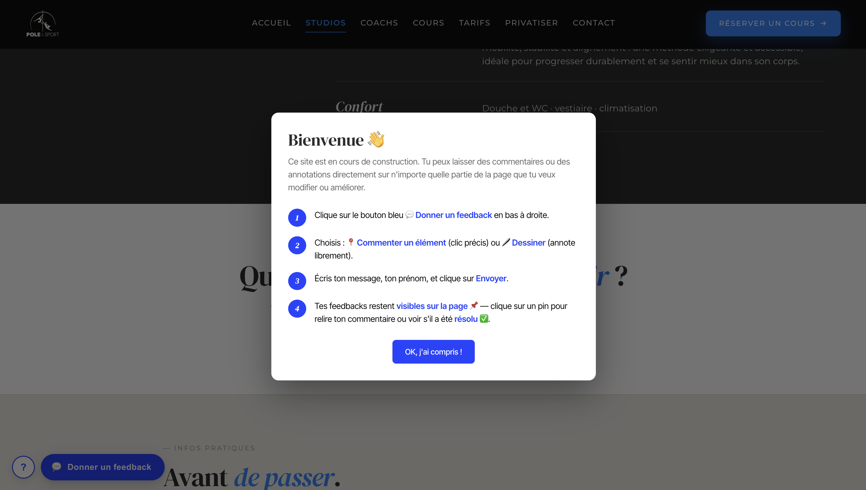 Modale d'onboarding du widget feedback expliquant les 4 étapes