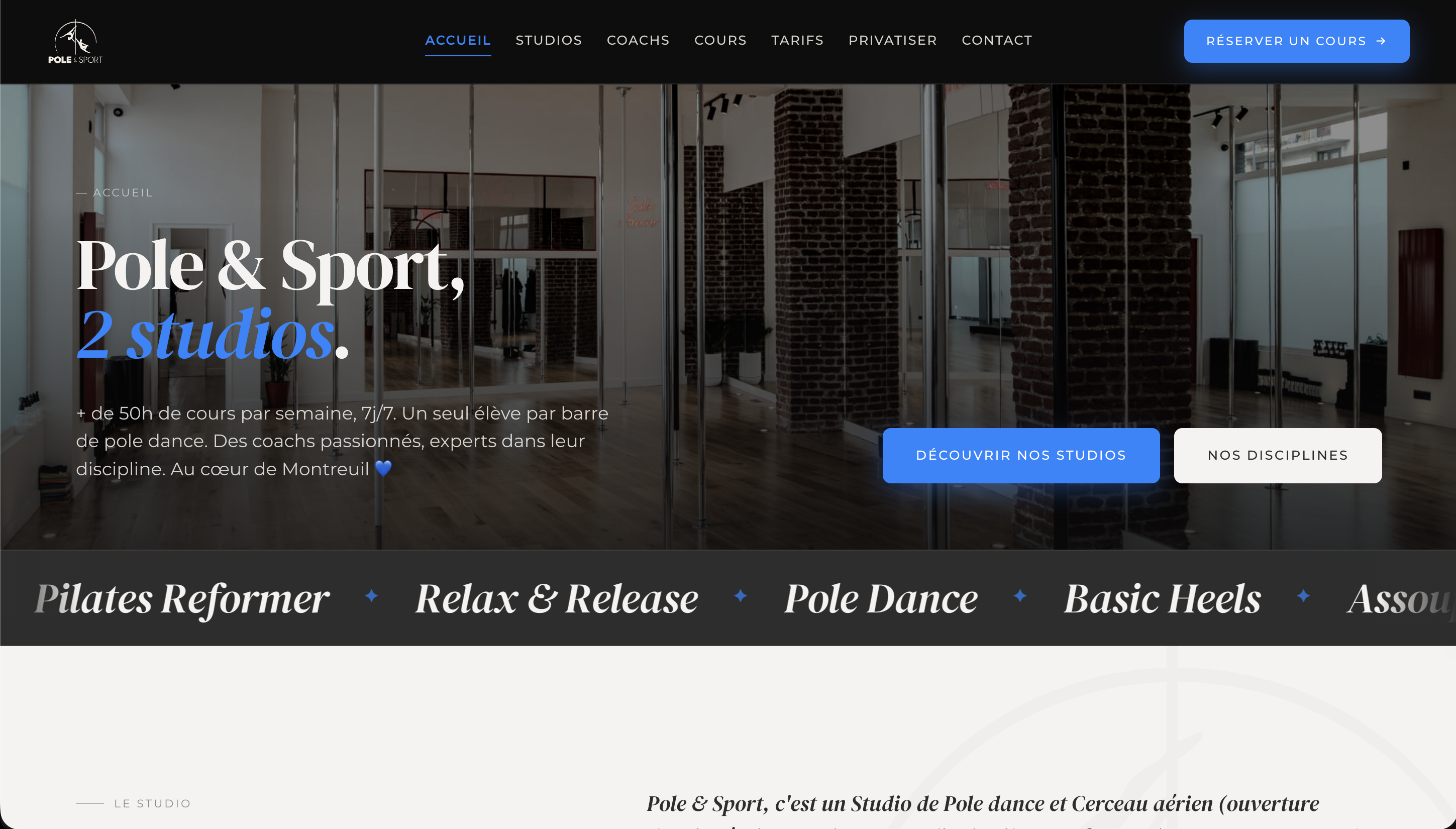 Page d'accueil de poleandsport.com — hero éditorial avec photo studio