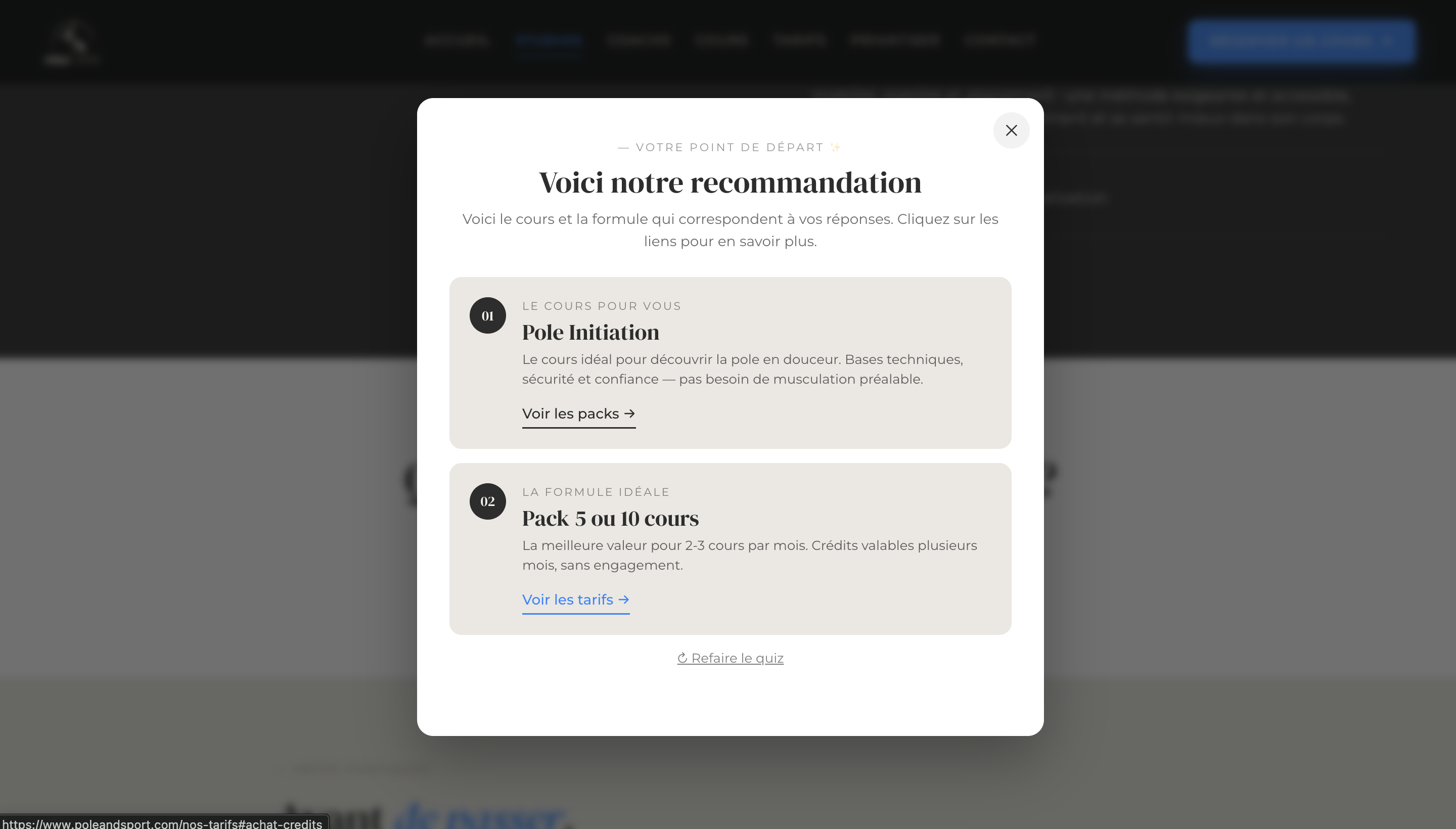 Modale de recommandation finale du quiz