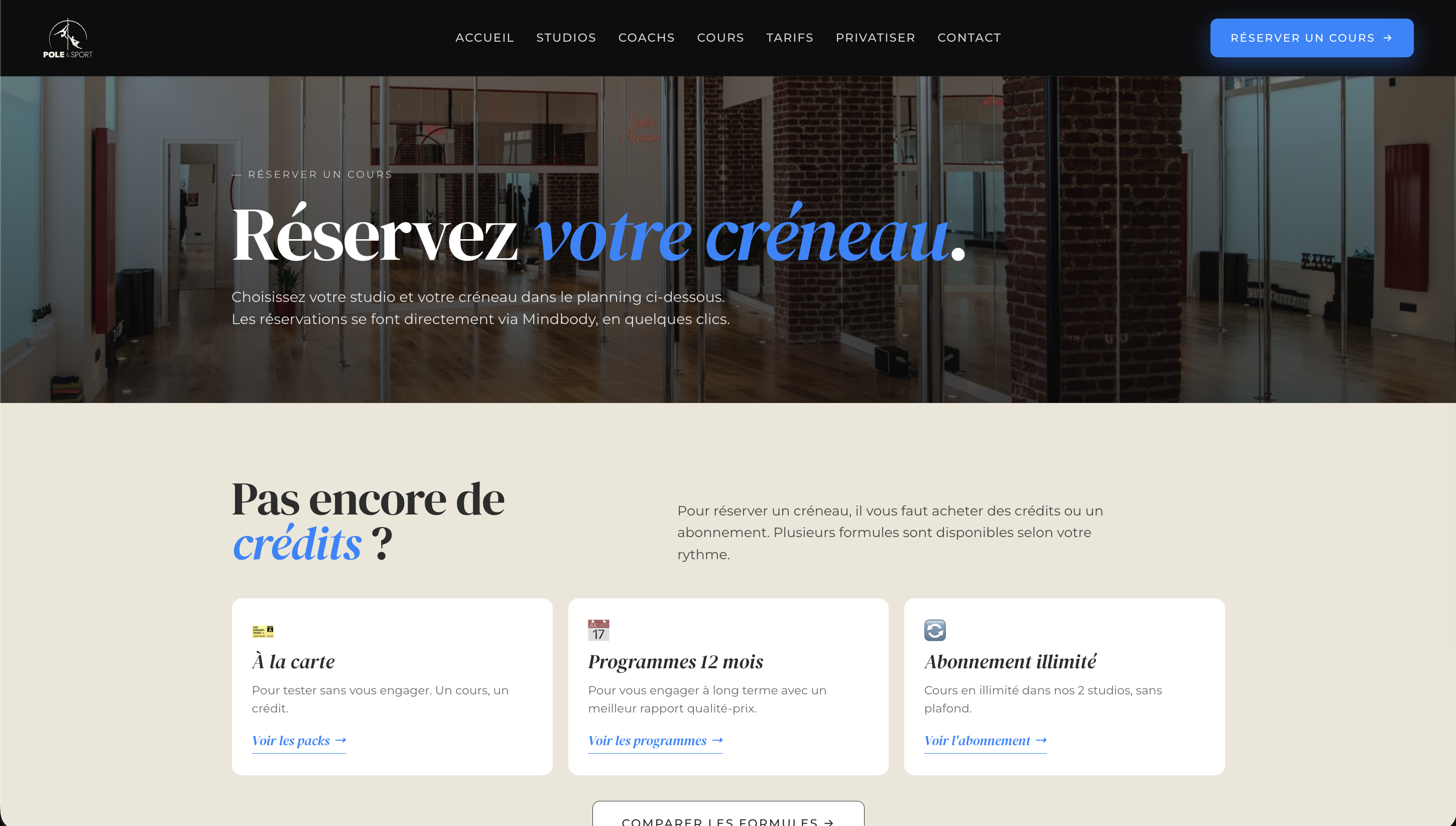 Page Réserver un cours avec planning Mindbody intégré